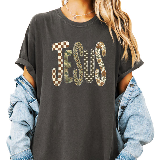Trendy Jesus checkered leopard floral graphic tee, Pepper Shirt, view 3