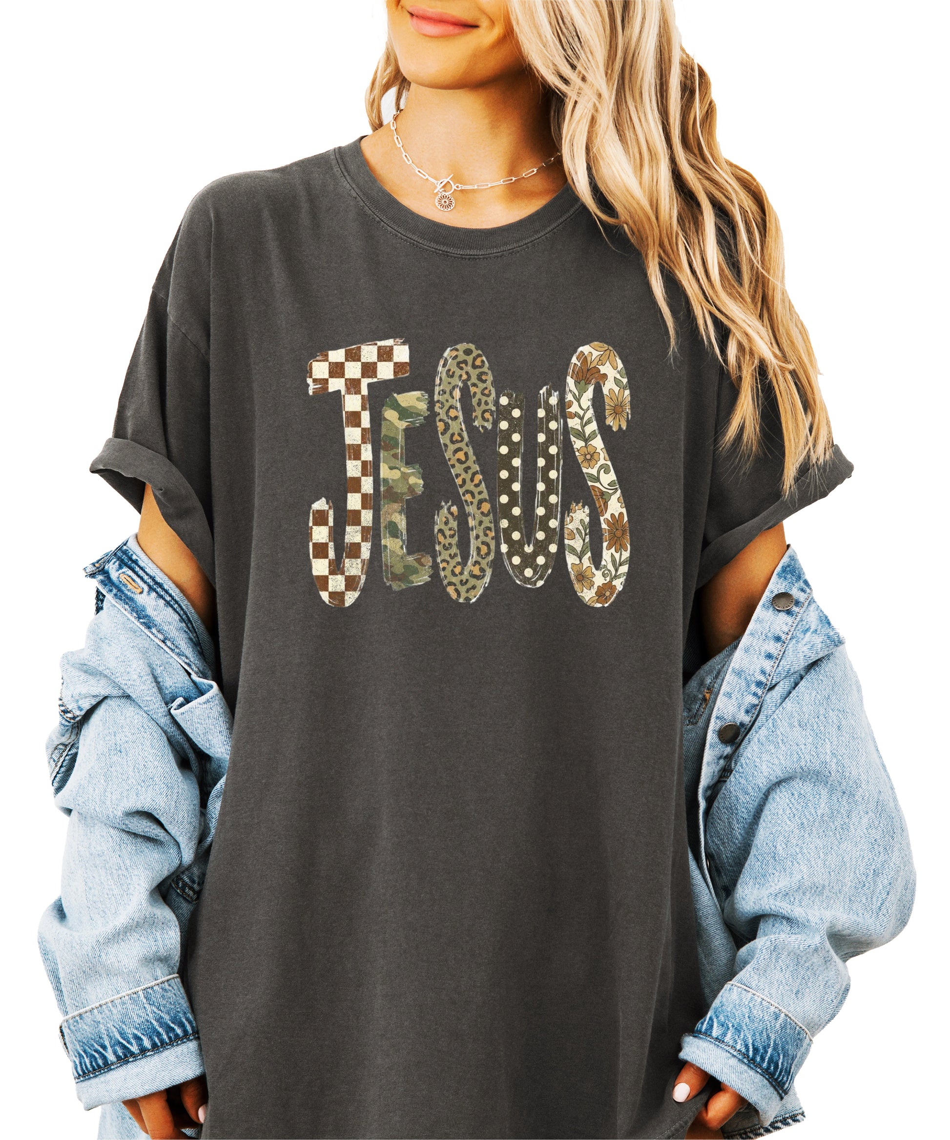 Trendy Jesus checkered leopard floral graphic tee, Pepper Shirt, view 3