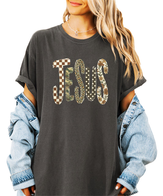 Trendy Jesus checkered leopard floral graphic tee, Pepper Shirt, view 3