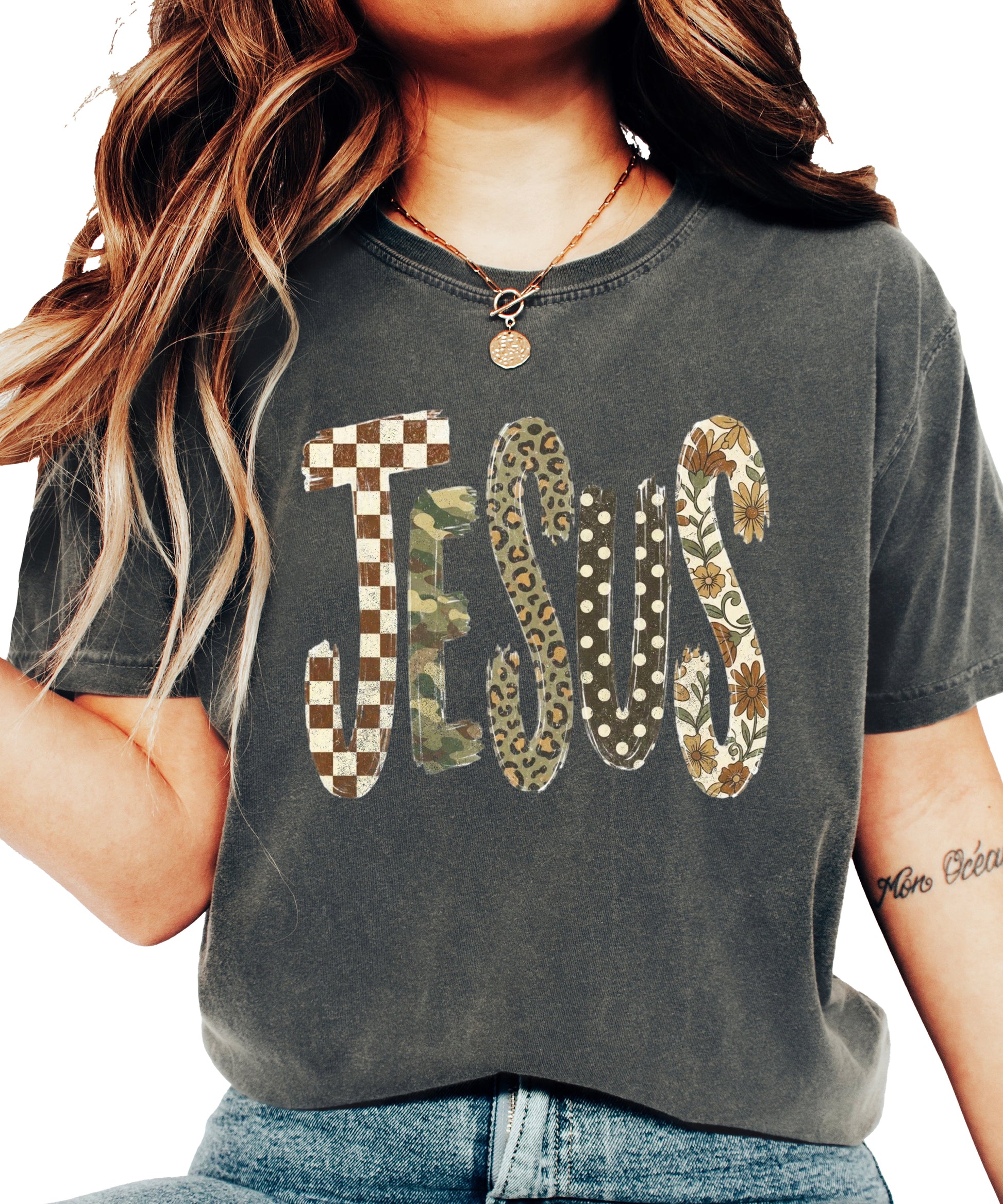 Trendy Jesus checkered leopard floral graphic tee, Pepper Shirt, view 4