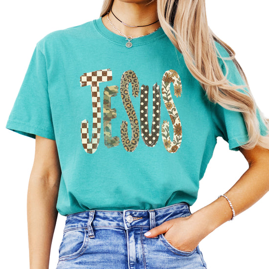 Trendy Jesus checkered leopard floral graphic tee, Seafoam Shirt, view 1