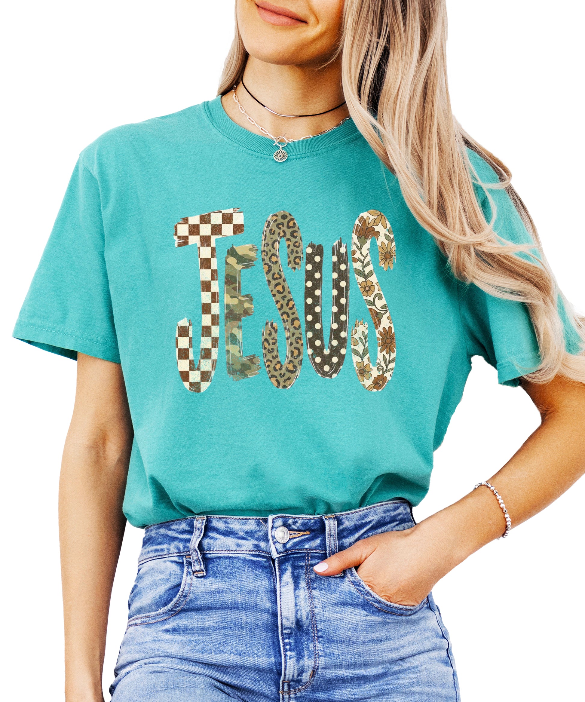 Trendy Jesus checkered leopard floral graphic tee, Seafoam Shirt, view 1