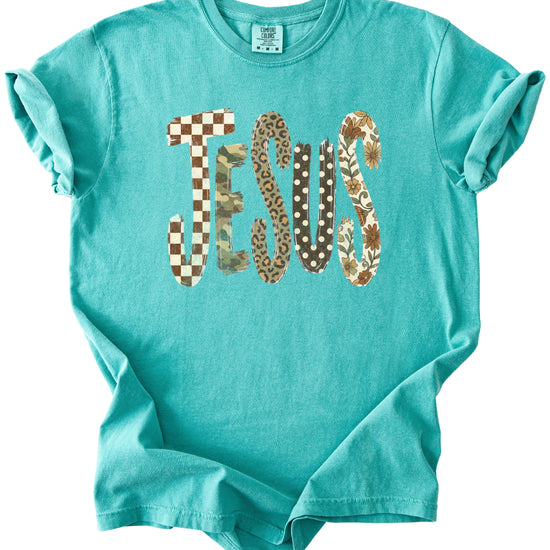 Trendy Jesus checkered leopard floral graphic tee, Seafoam Shirt, view 2