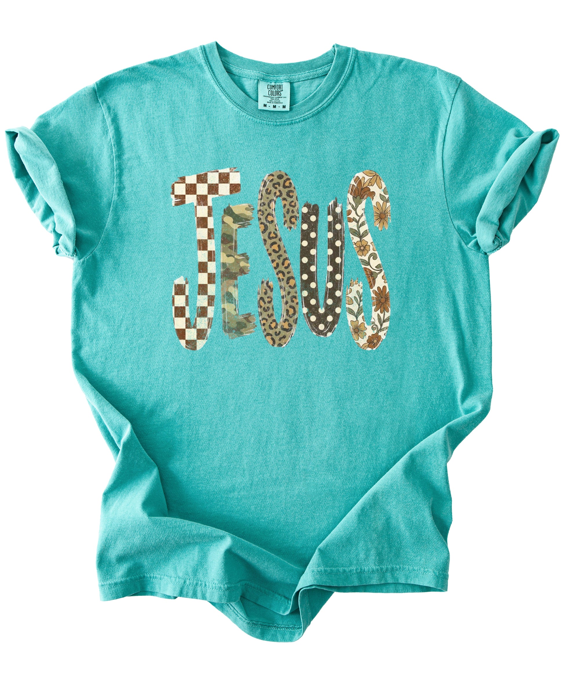 Trendy Jesus checkered leopard floral graphic tee, Seafoam Shirt, view 2