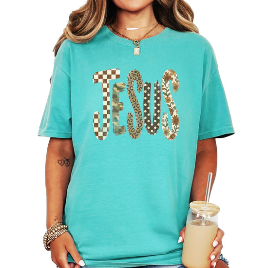 Trendy Jesus checkered leopard floral graphic tee, Seafoam Shirt, view 3