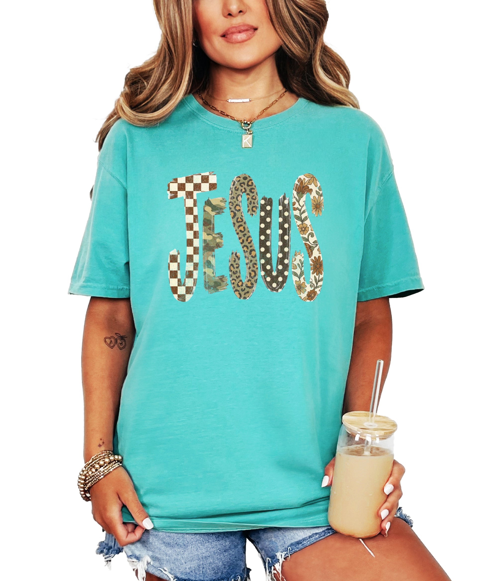 Trendy Jesus checkered leopard floral graphic tee, Seafoam Shirt, view 3