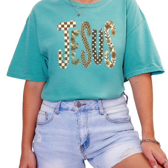 Trendy Jesus checkered leopard floral graphic tee, Seafoam Shirt, view 4