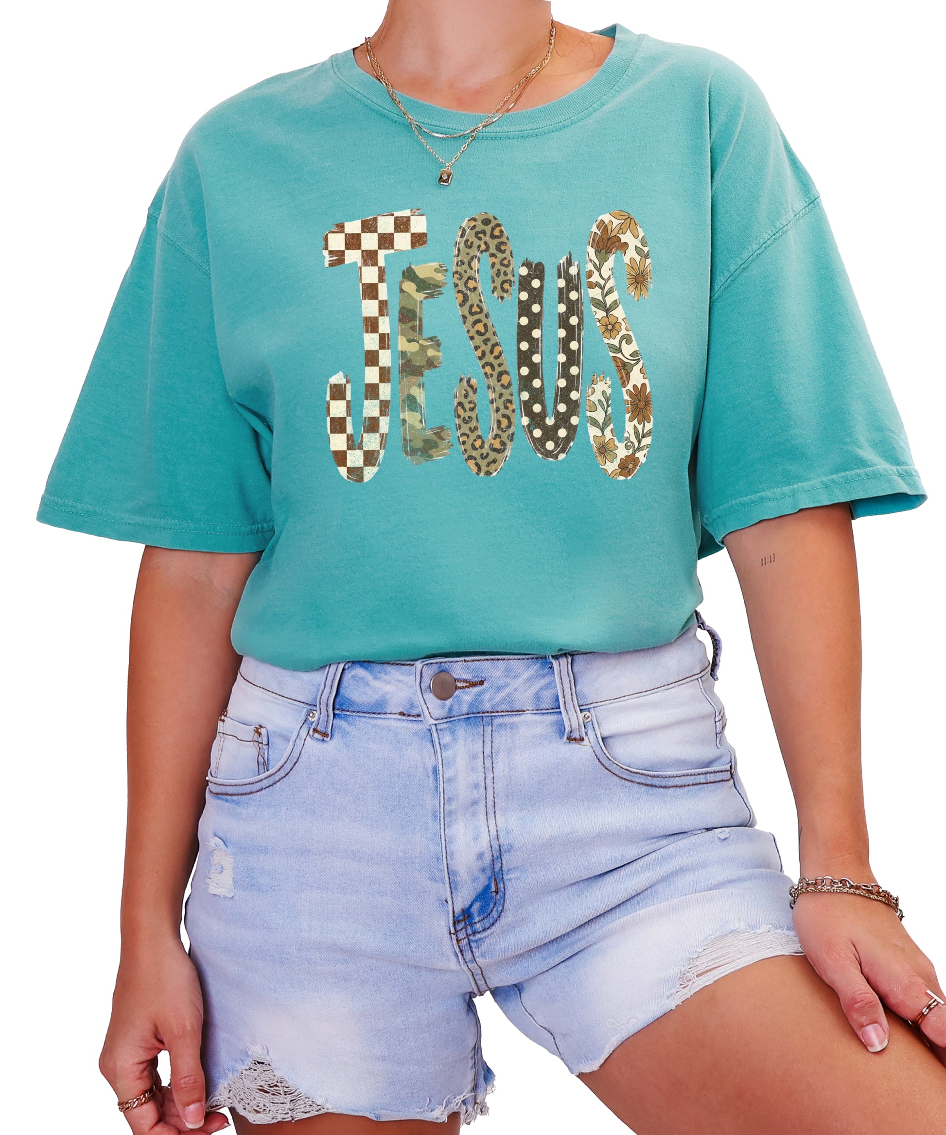 Trendy Jesus checkered leopard floral graphic tee, Seafoam Shirt, view 4