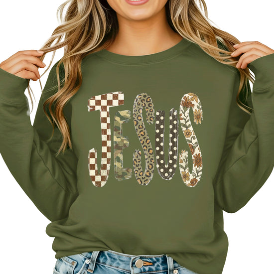 Jesus checkered leopard Easter crewneck sweatshirt in Army Green, front view