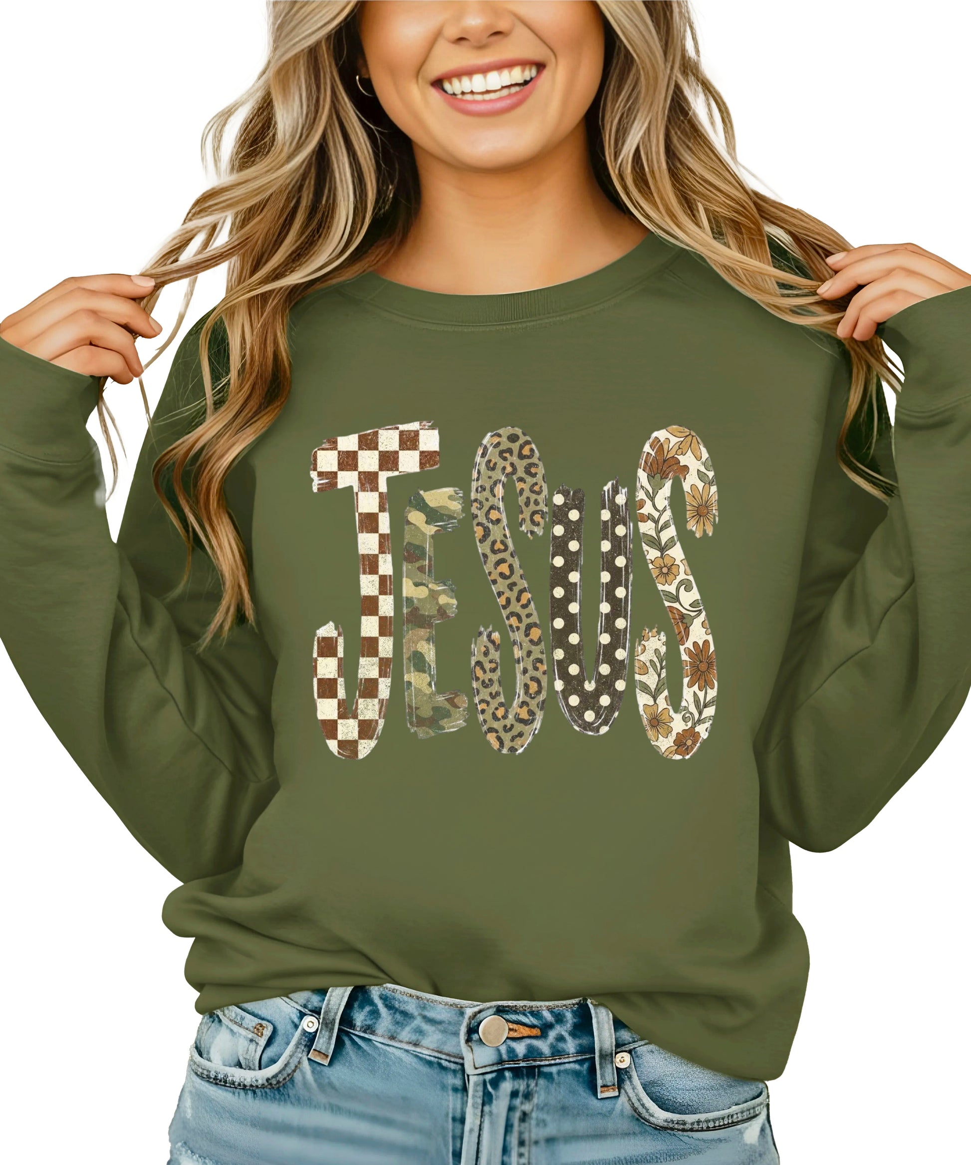 Jesus checkered leopard Easter crewneck sweatshirt in Army Green, front view