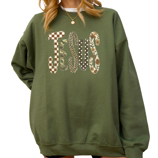 Jesus checkered leopard Easter crewneck sweatshirt in Army Green, detail view