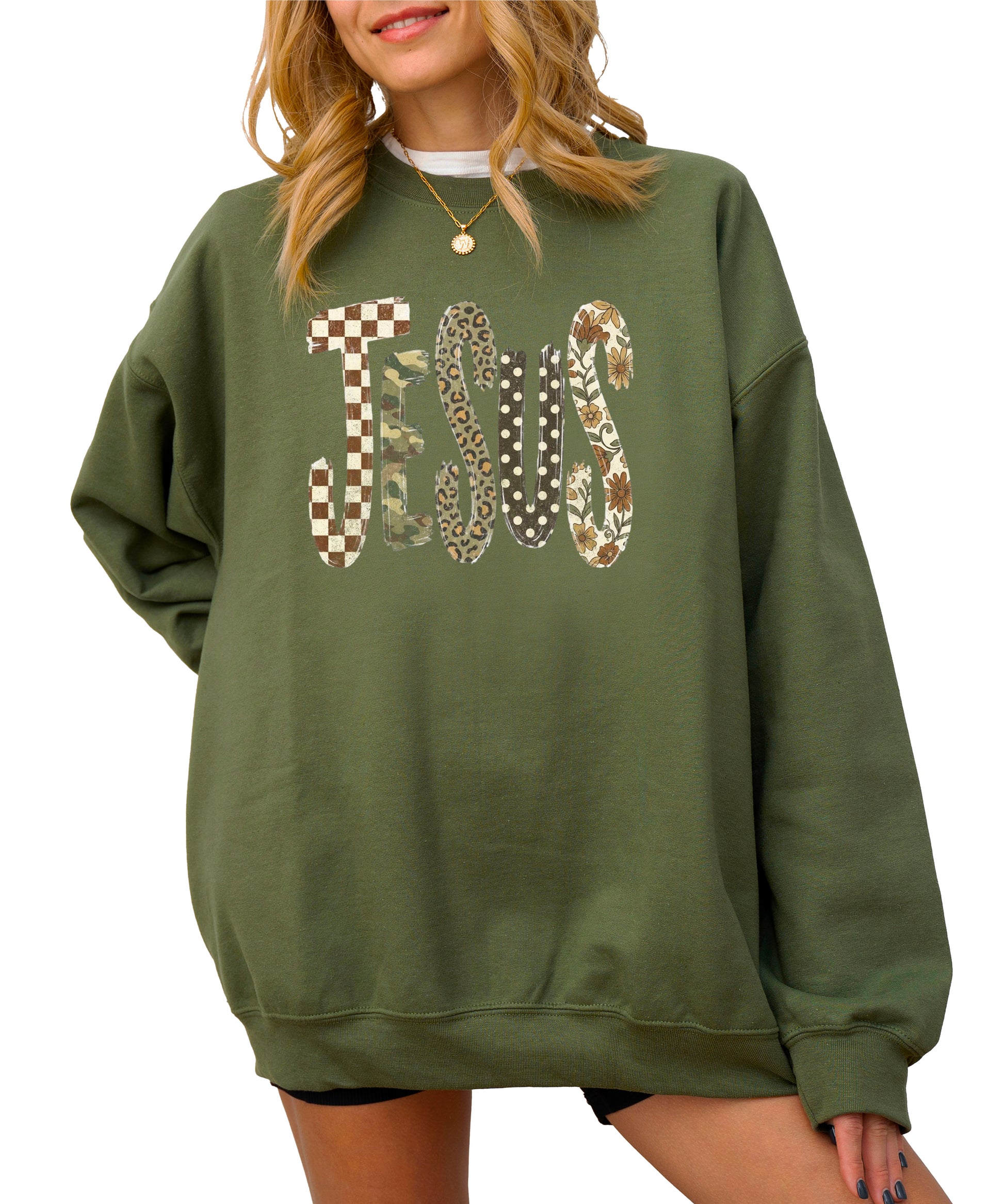 Jesus checkered leopard Easter crewneck sweatshirt in Army Green, detail view