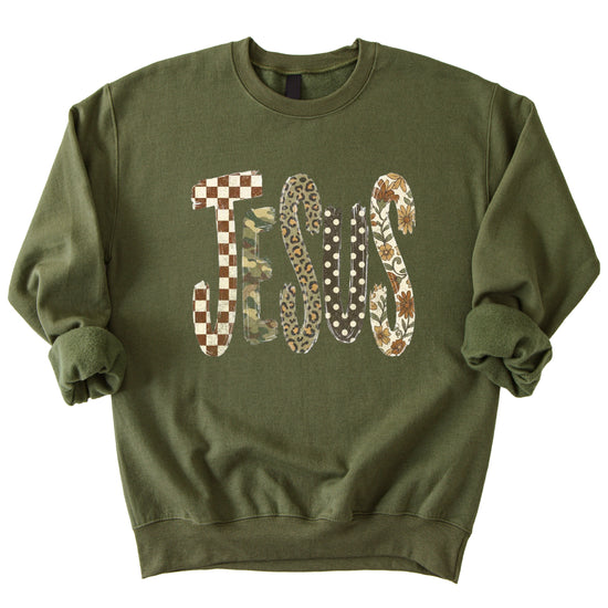 Jesus checkered leopard Easter crewneck sweatshirt in Army Green, styled view