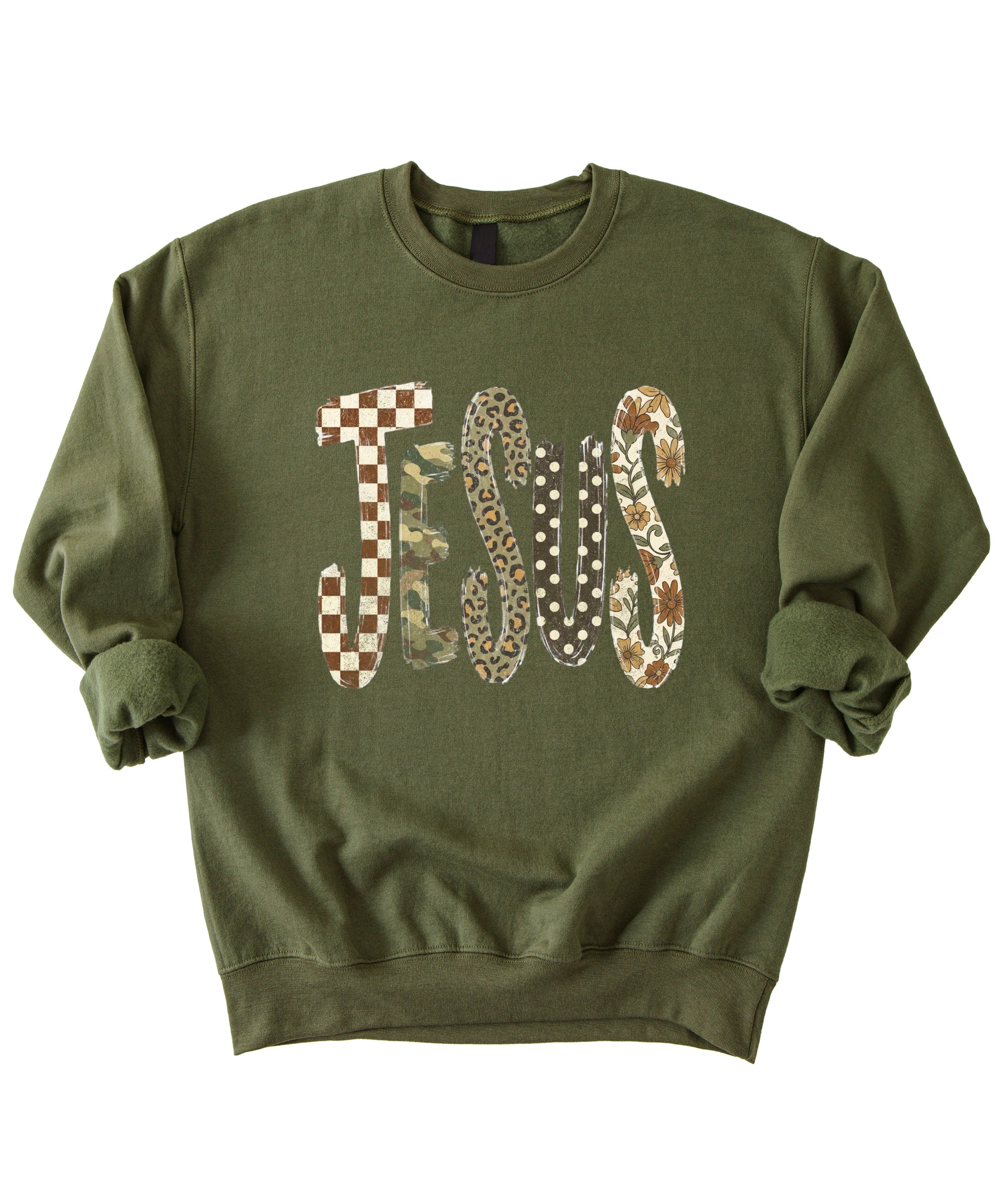 Jesus checkered leopard Easter crewneck sweatshirt in Army Green, styled view