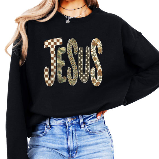 Jesus checkered leopard Easter crewneck sweatshirt in Black, front view