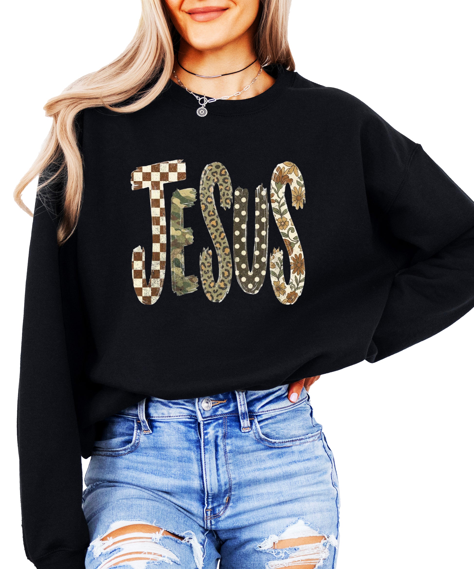 Jesus checkered leopard Easter crewneck sweatshirt in Black, front view