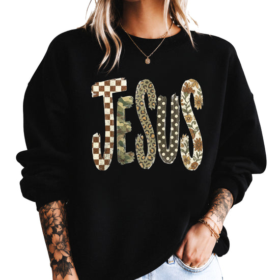 Jesus checkered leopard Easter crewneck sweatshirt in Black, detail view