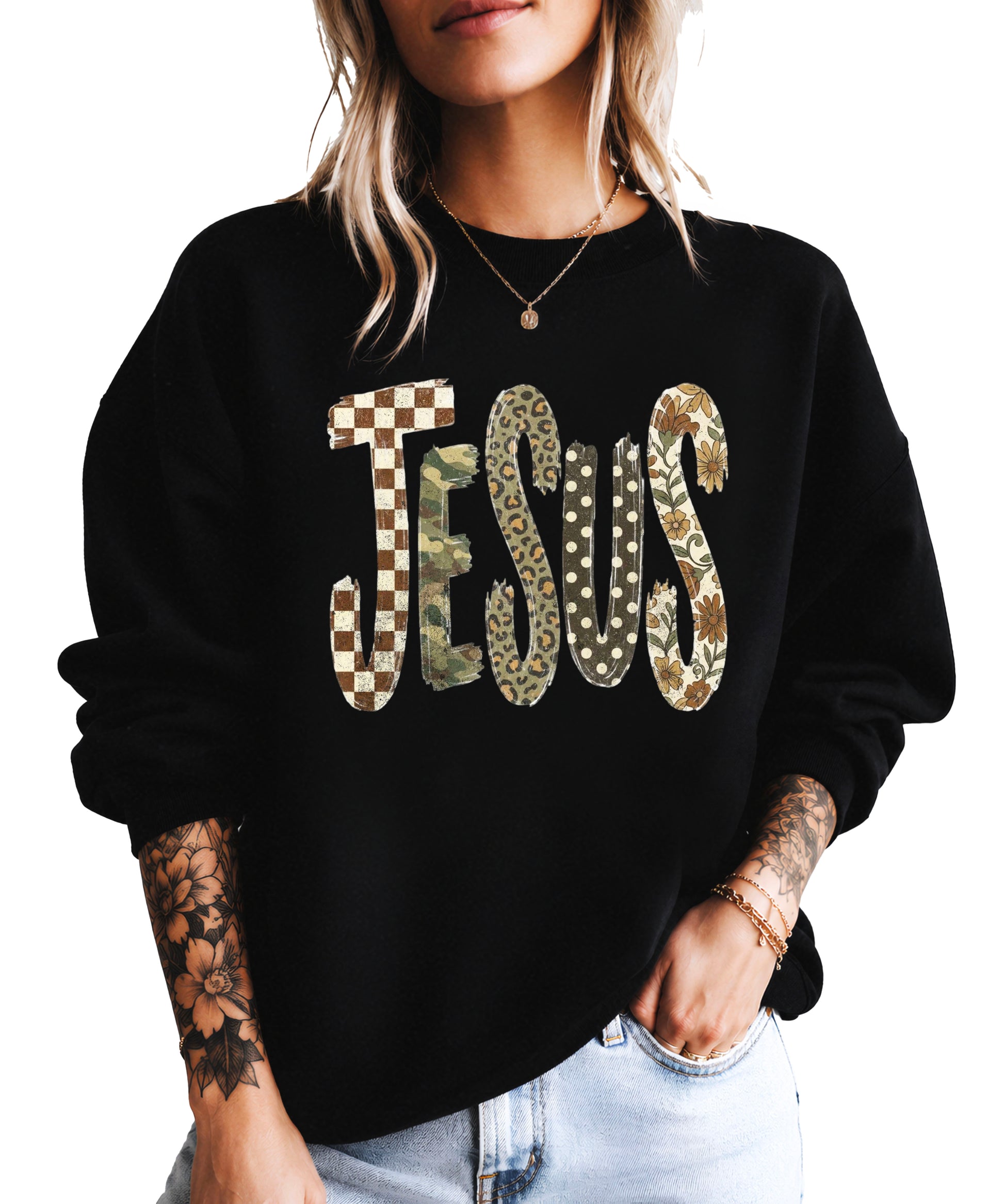 Jesus checkered leopard Easter crewneck sweatshirt in Black, detail view
