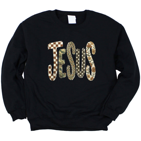 Jesus checkered leopard Easter crewneck sweatshirt in Black, styled view