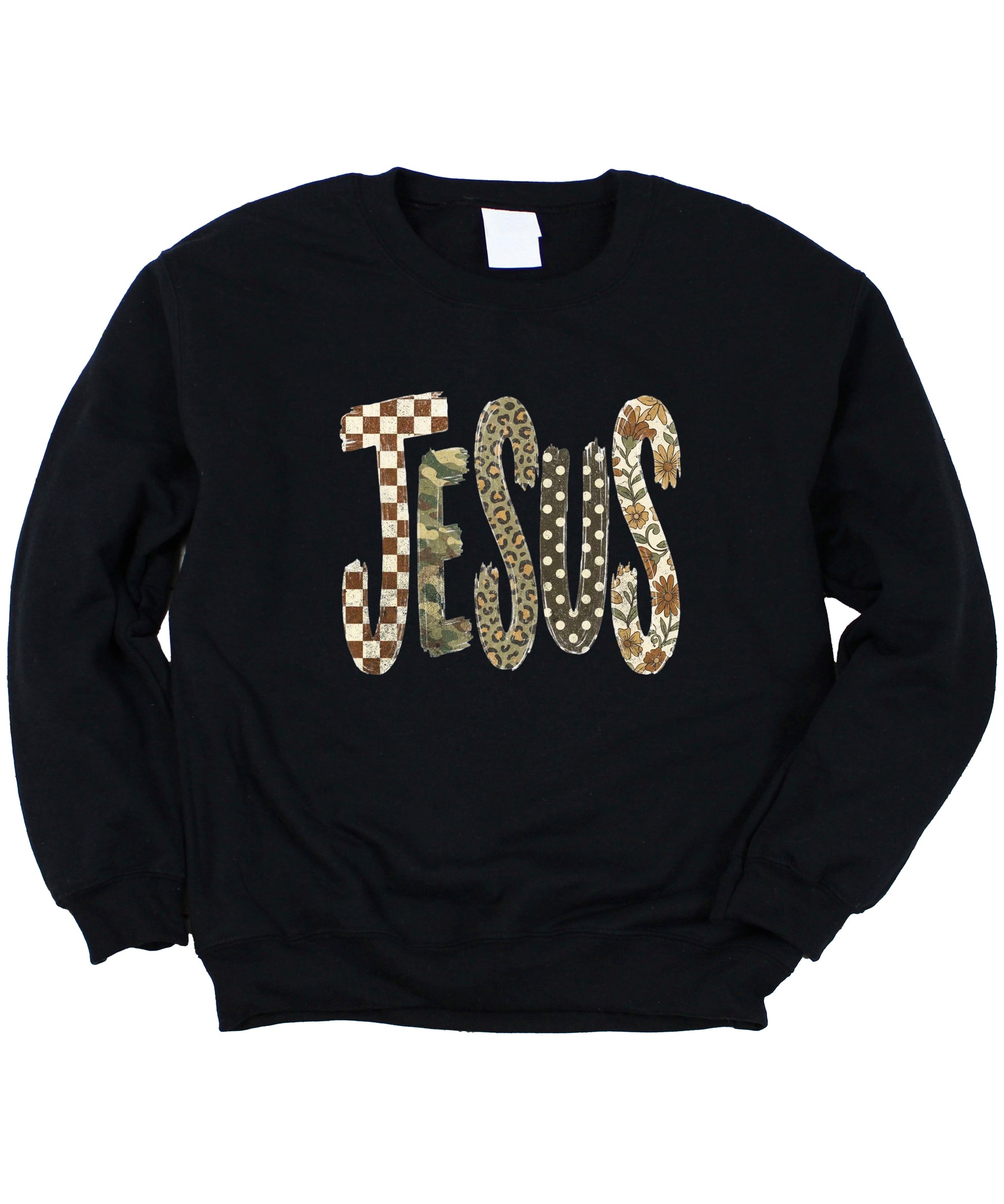 Jesus checkered leopard Easter crewneck sweatshirt in Black, styled view