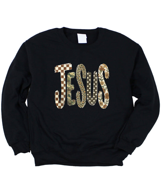 Jesus checkered leopard Easter crewneck sweatshirt in Black, styled view