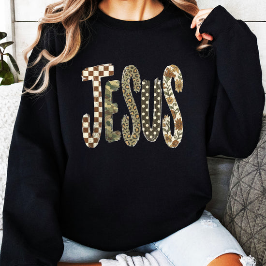 Jesus checkered leopard Easter crewneck sweatshirt in Black, lifestyle view