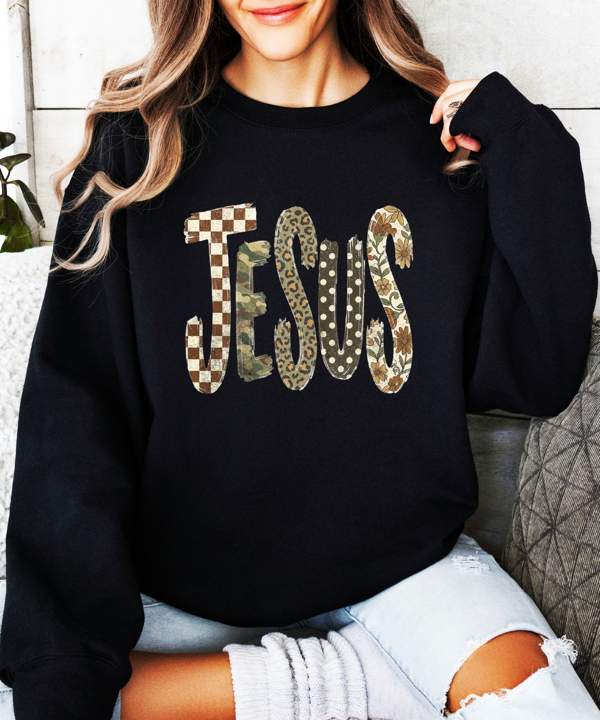 Jesus checkered leopard Easter crewneck sweatshirt in Black, lifestyle view
