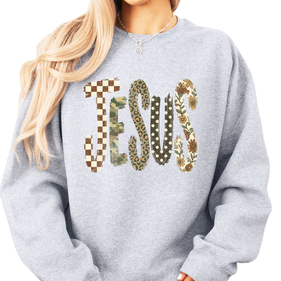 Jesus checkered leopard Easter crewneck sweatshirt in Gray, front view
