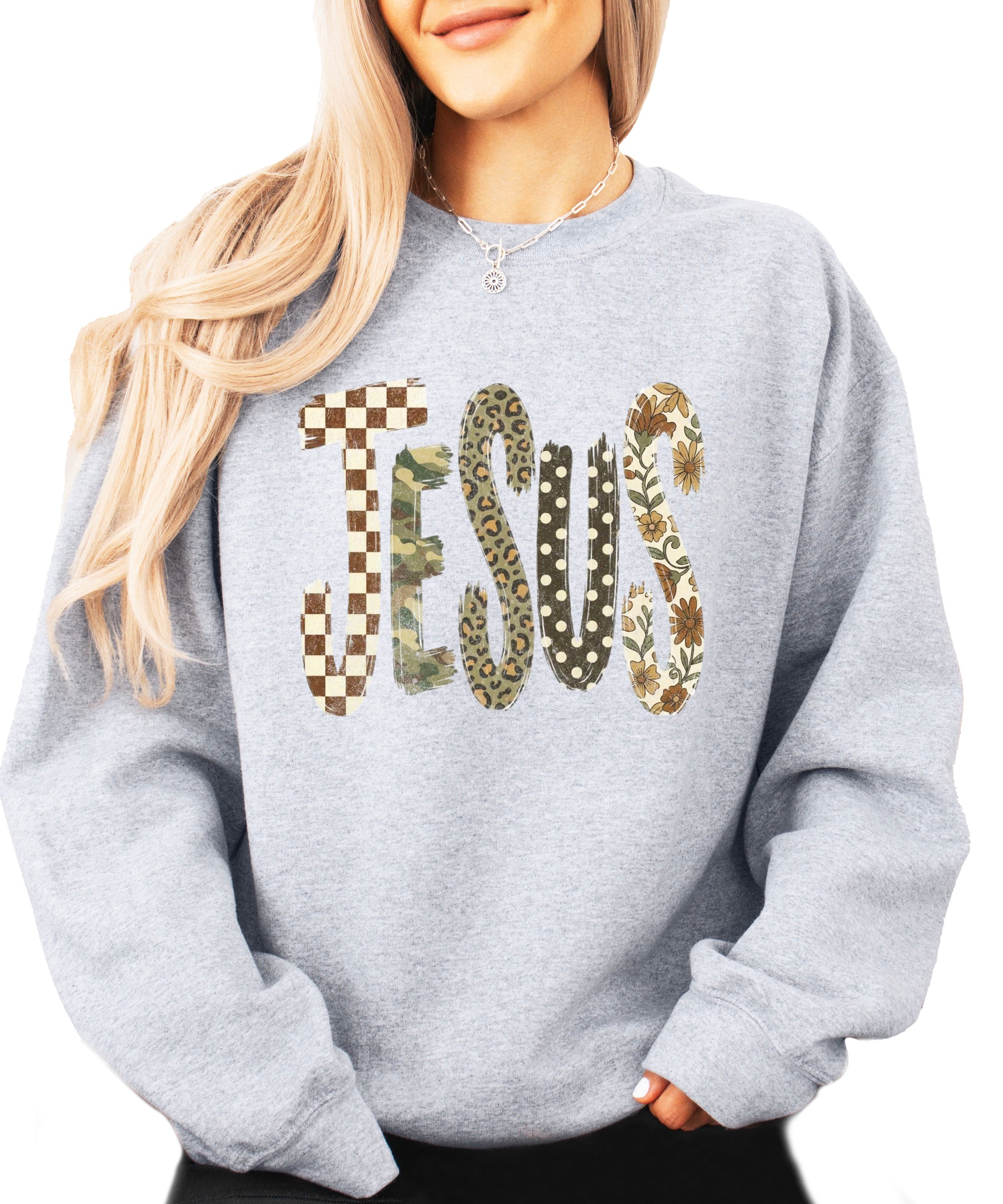 Jesus checkered leopard Easter crewneck sweatshirt in Gray, front view