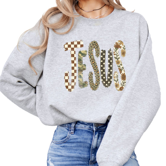 Jesus checkered leopard Easter crewneck sweatshirt in Gray, detail view