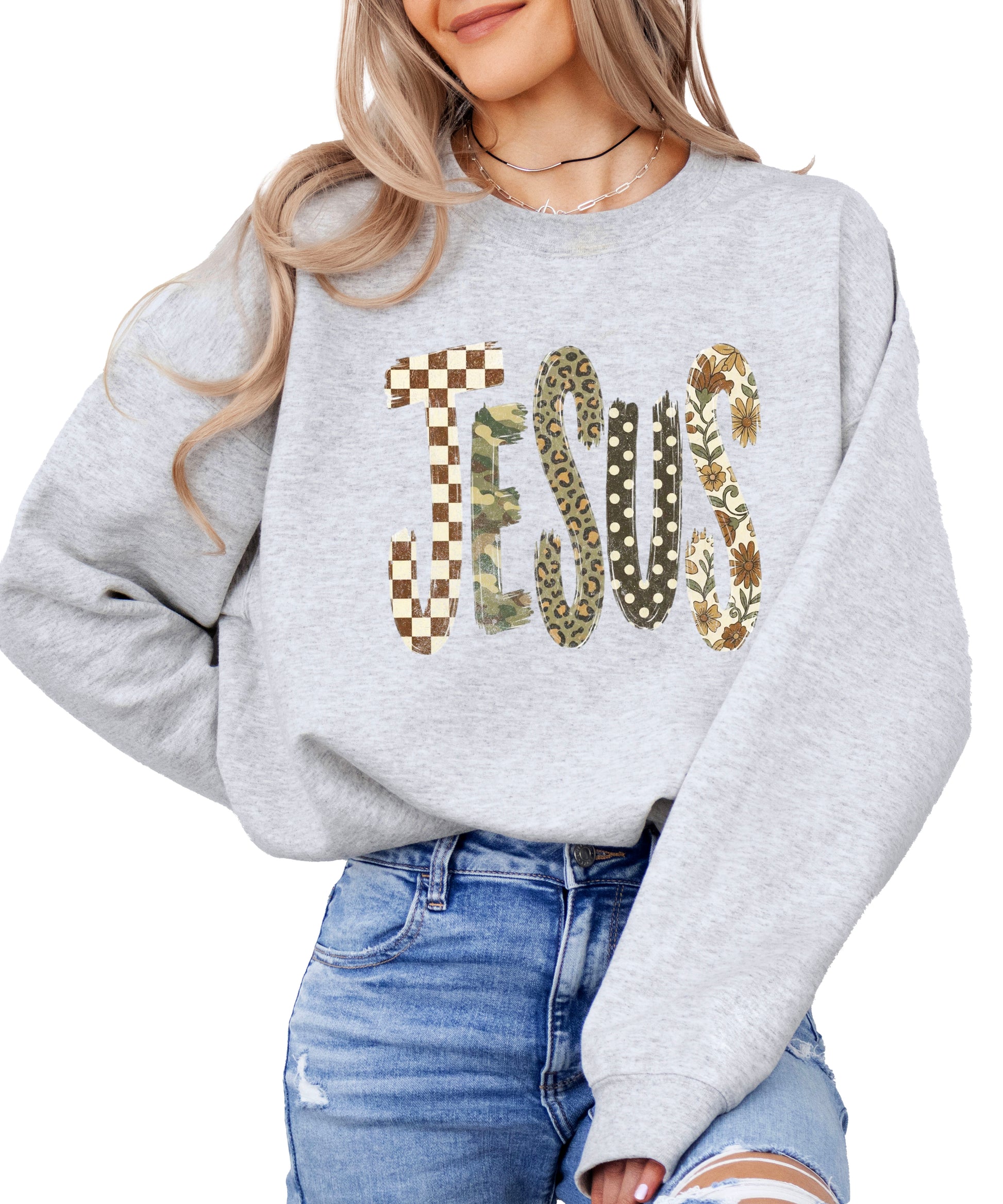 Jesus checkered leopard Easter crewneck sweatshirt in Gray, detail view