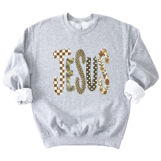 Jesus checkered leopard Easter crewneck sweatshirt in Gray, styled view