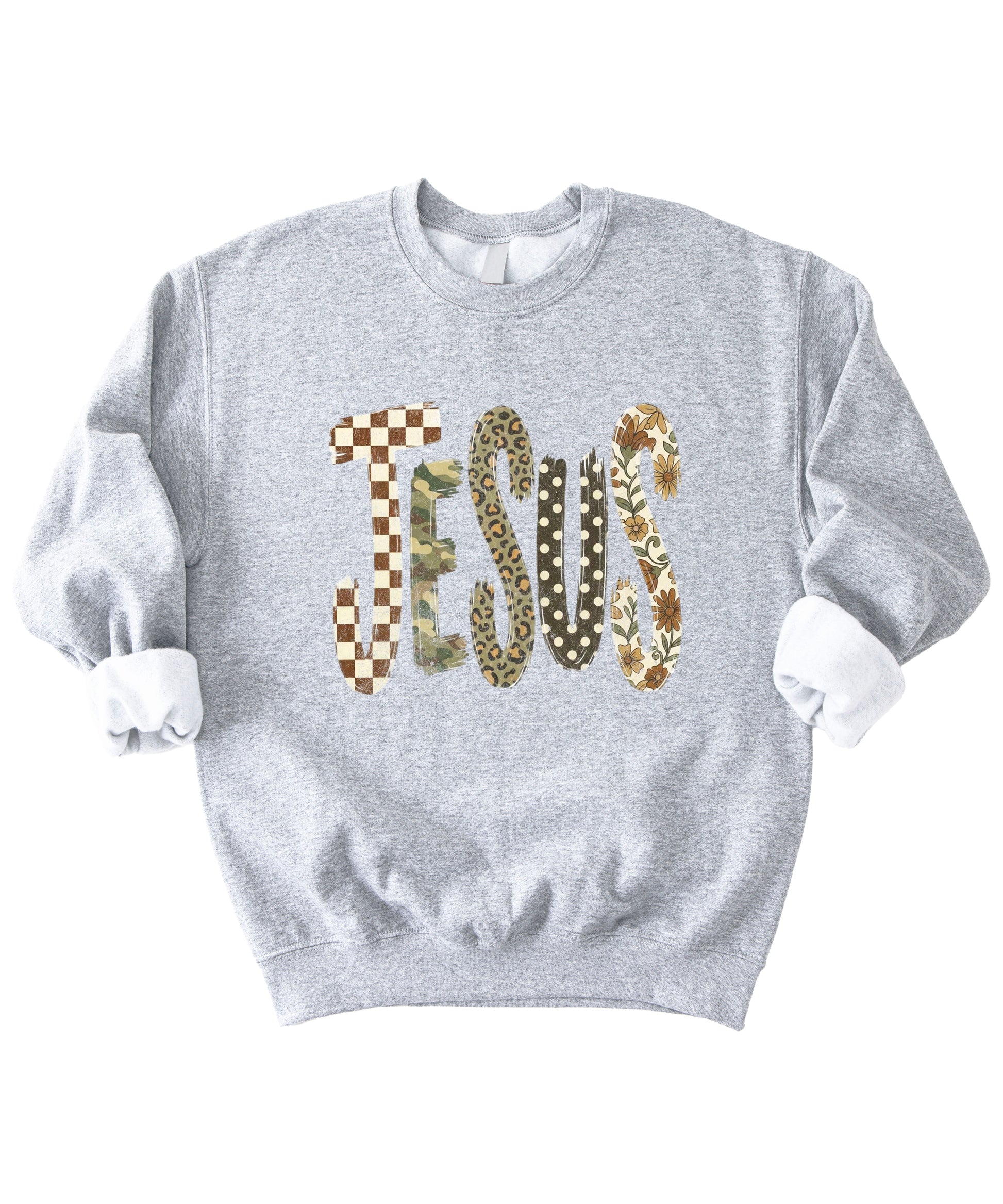 Jesus checkered leopard Easter crewneck sweatshirt in Gray, styled view