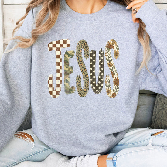 Jesus checkered leopard Easter crewneck sweatshirt in Gray, lifestyle view