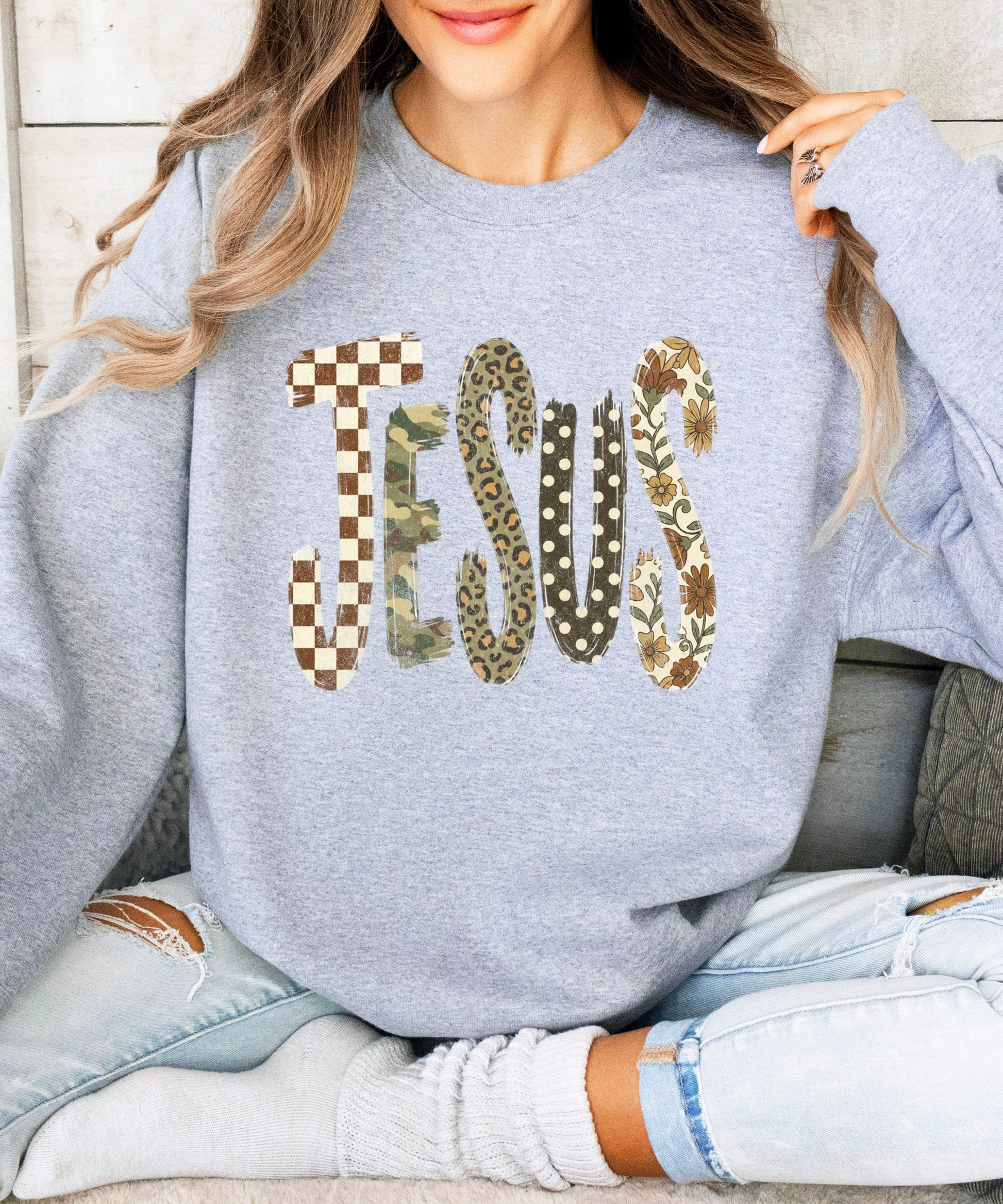 Jesus checkered leopard Easter crewneck sweatshirt in Gray, lifestyle view