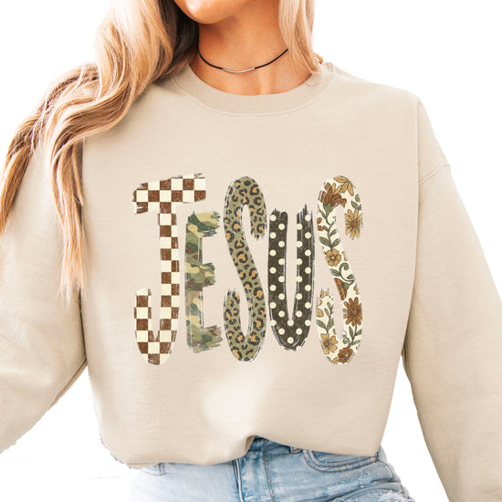Jesus checkered leopard Easter crewneck sweatshirt in Sand, front view