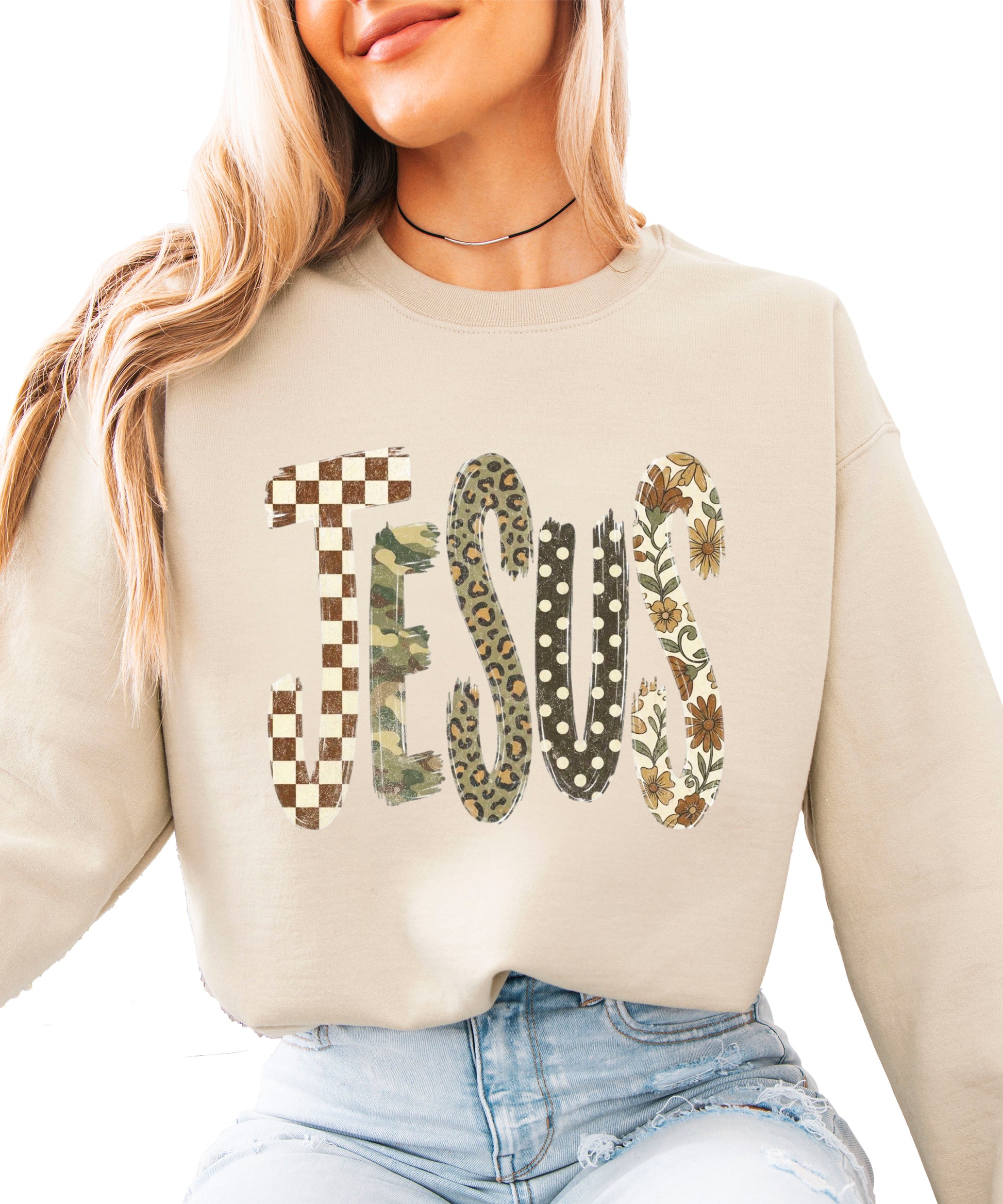 Jesus checkered leopard Easter crewneck sweatshirt in Sand, front view