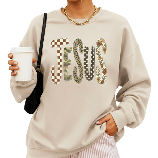 Jesus checkered leopard Easter crewneck sweatshirt in Sand, detail view