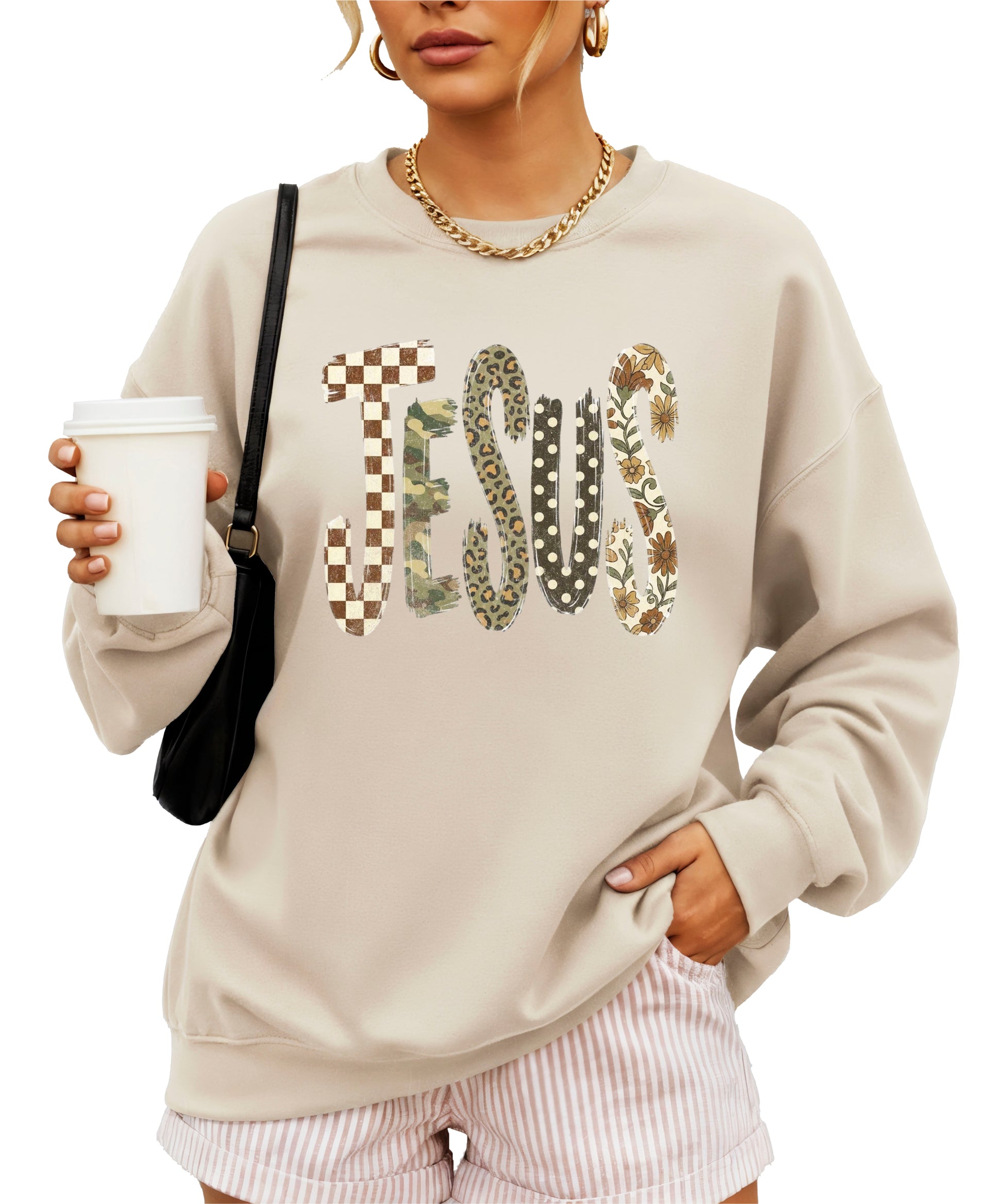 Jesus checkered leopard Easter crewneck sweatshirt in Sand, detail view