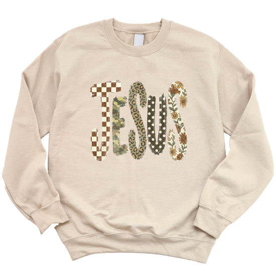 Jesus checkered leopard Easter crewneck sweatshirt in Sand, styled view