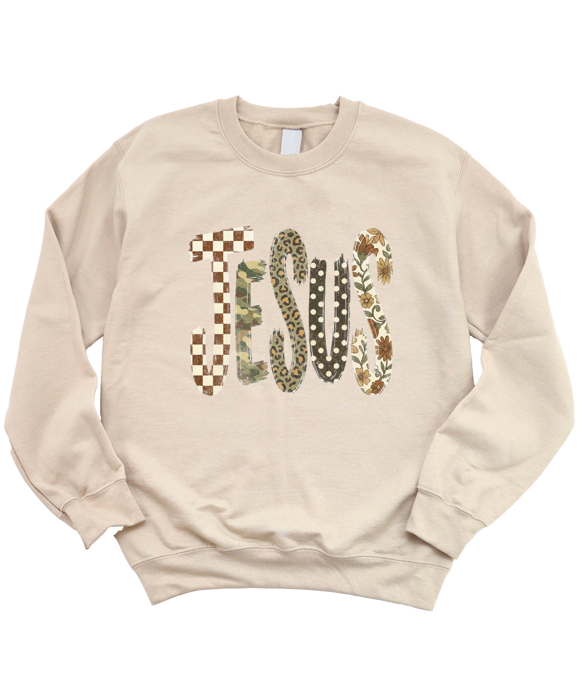 Jesus checkered leopard Easter crewneck sweatshirt in Sand, styled view