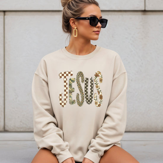 Jesus checkered leopard Easter crewneck sweatshirt in Sand, lifestyle view