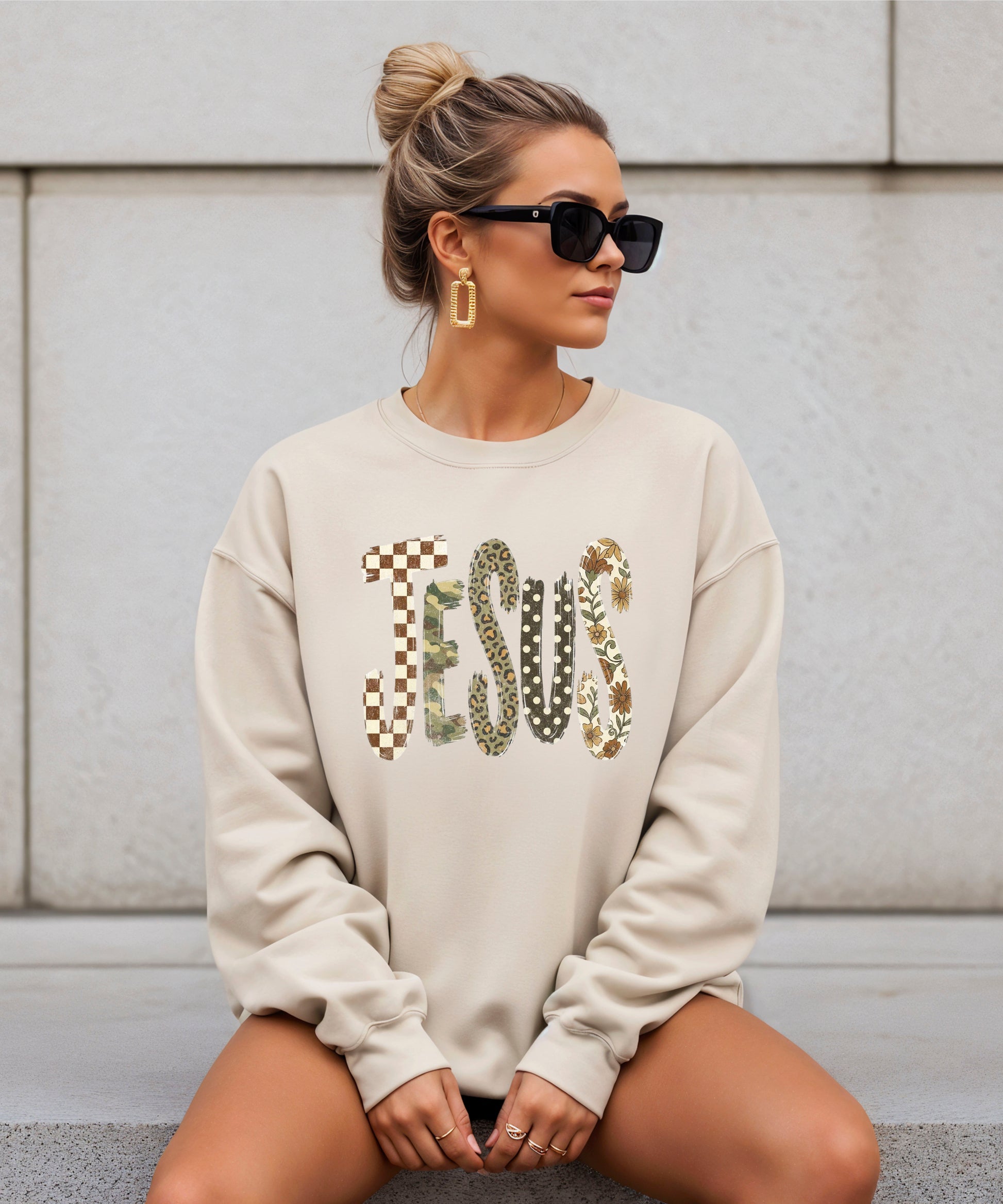 Jesus checkered leopard Easter crewneck sweatshirt in Sand, lifestyle view