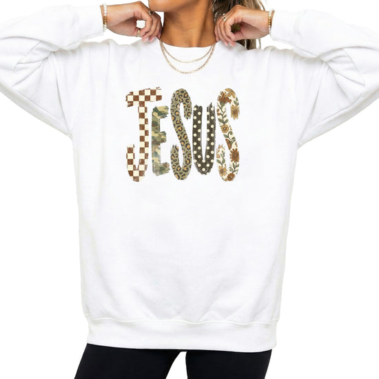 Jesus checkered leopard Easter crewneck sweatshirt in White, front view