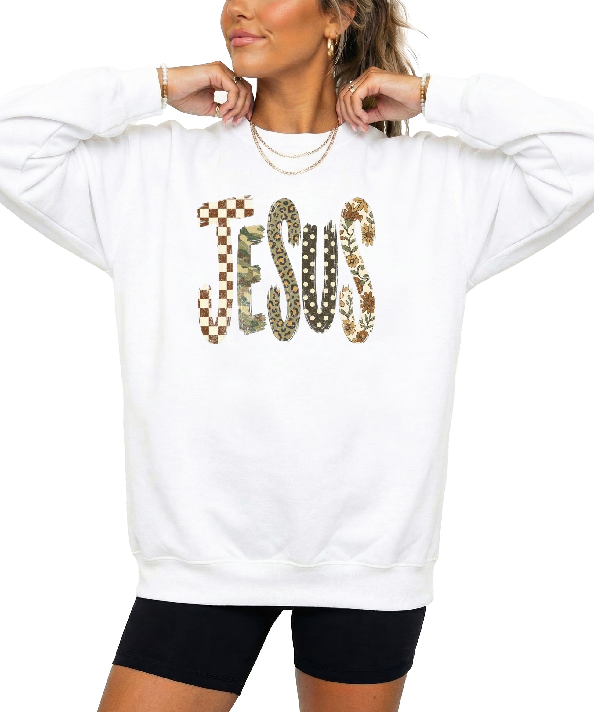 Jesus checkered leopard Easter crewneck sweatshirt in White, front view