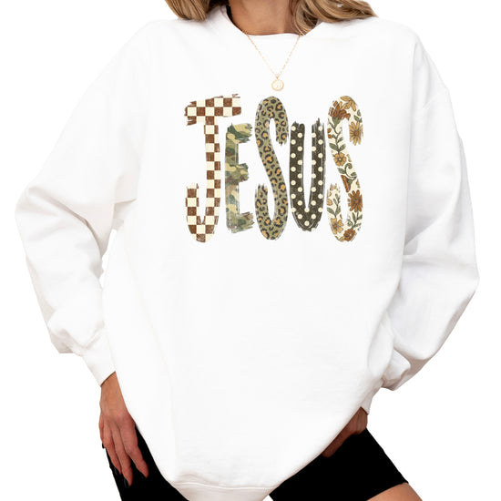 Jesus checkered leopard Easter crewneck sweatshirt in White, detail view