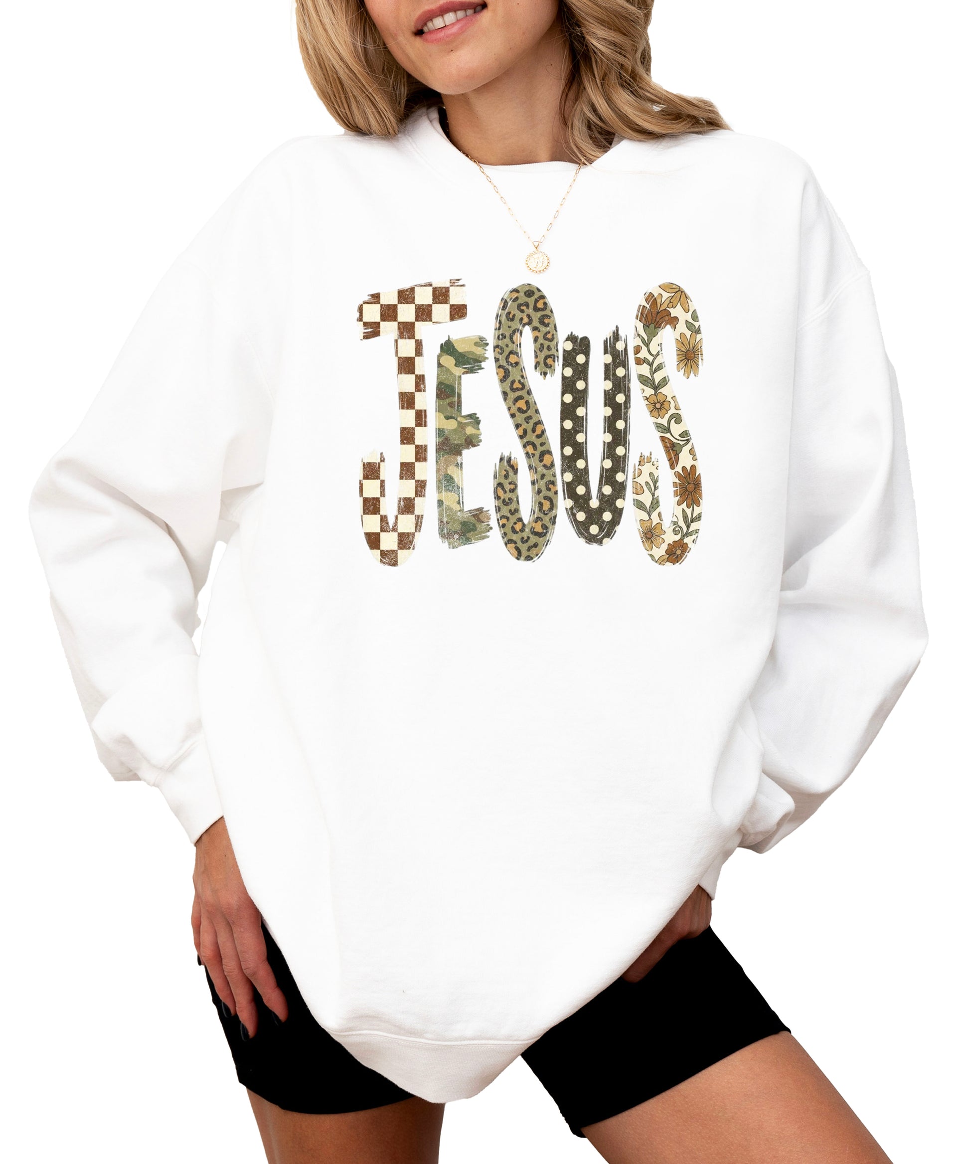 Jesus checkered leopard Easter crewneck sweatshirt in White, detail view