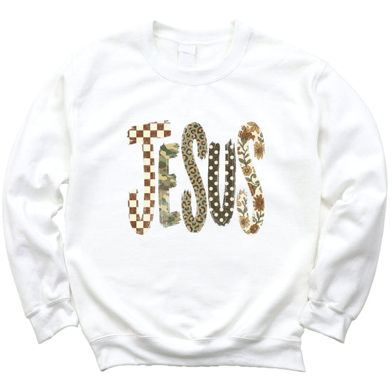 Jesus checkered leopard Easter crewneck sweatshirt in White, styled view