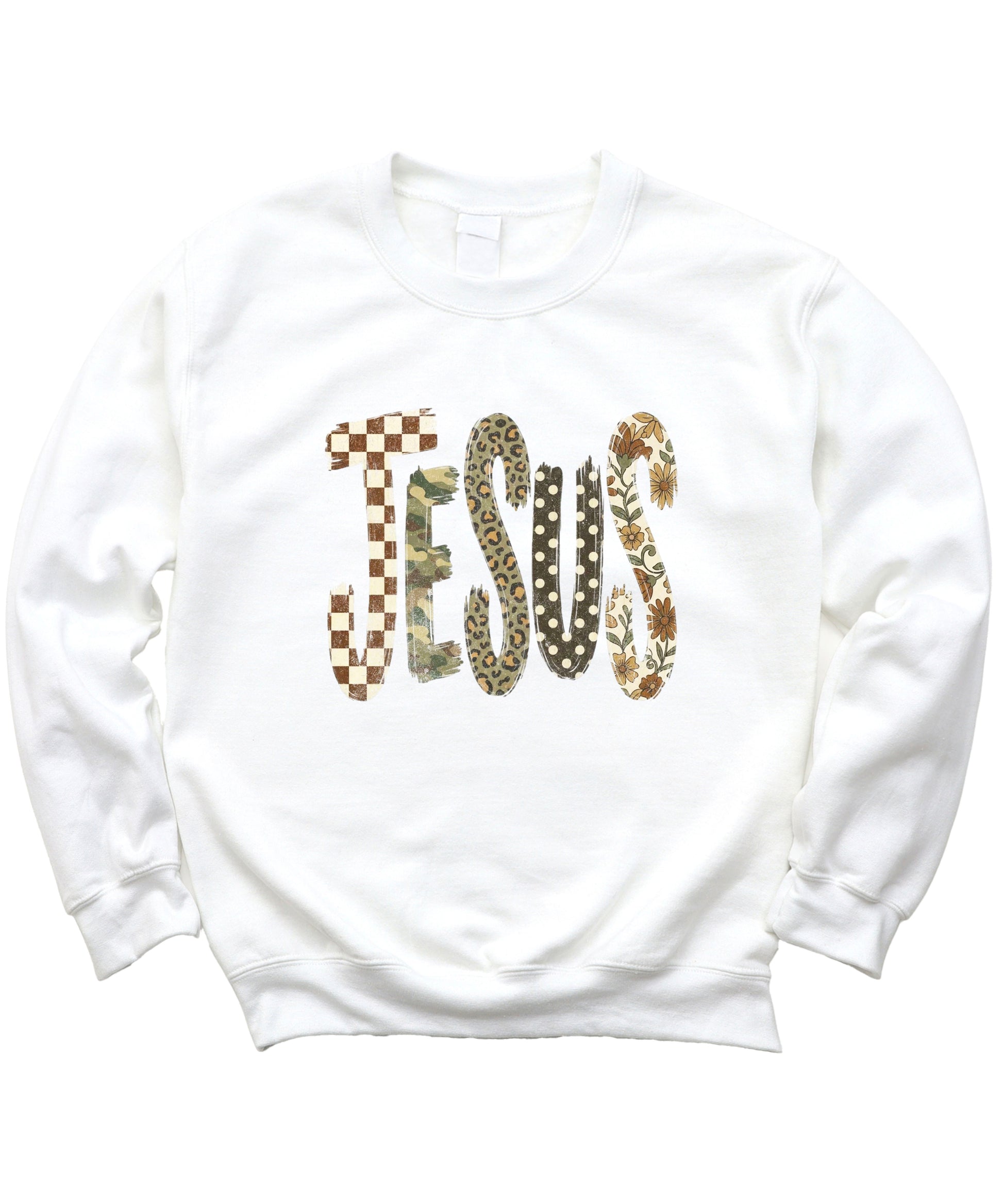 Jesus checkered leopard Easter crewneck sweatshirt in White, styled view