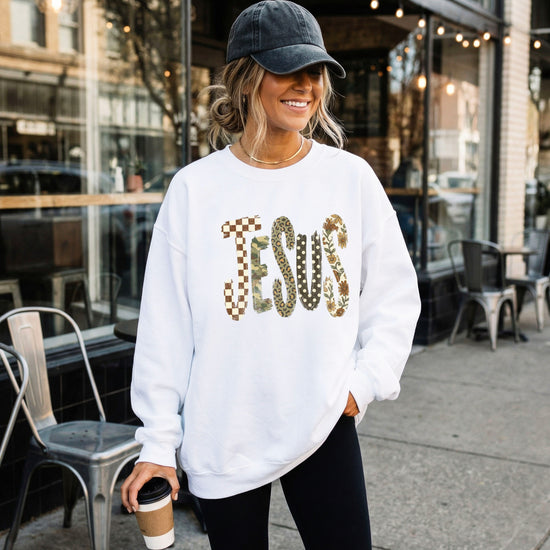 Jesus checkered leopard Easter crewneck sweatshirt in White, lifestyle view